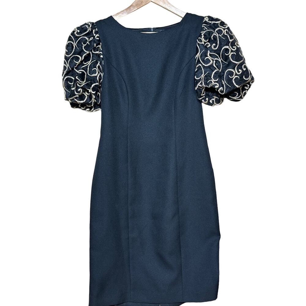 Jessica Howard Vintage 90s Black Gold Puff Sleeve Cocktail Evening Dress Women 4
